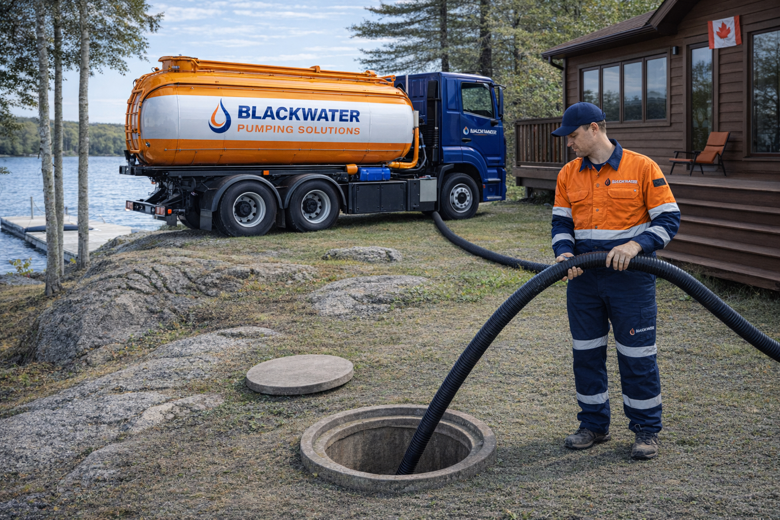 Blackwater technician pumping a septic system beside a lakeside property