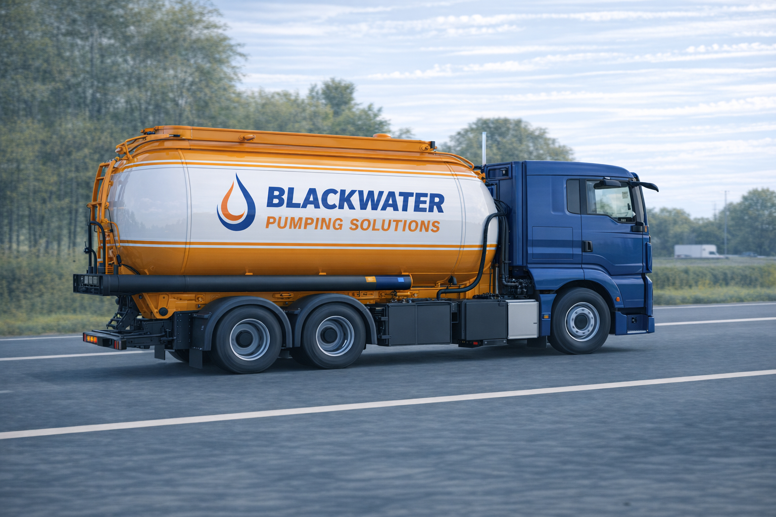 Blackwater pumping services truck driving on the road